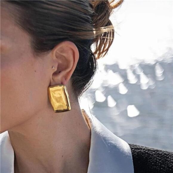 Chunky Geometric Rectangle Earrings – Gold Irregular Studs, Hypoallergenic - Picture 2 of 3
